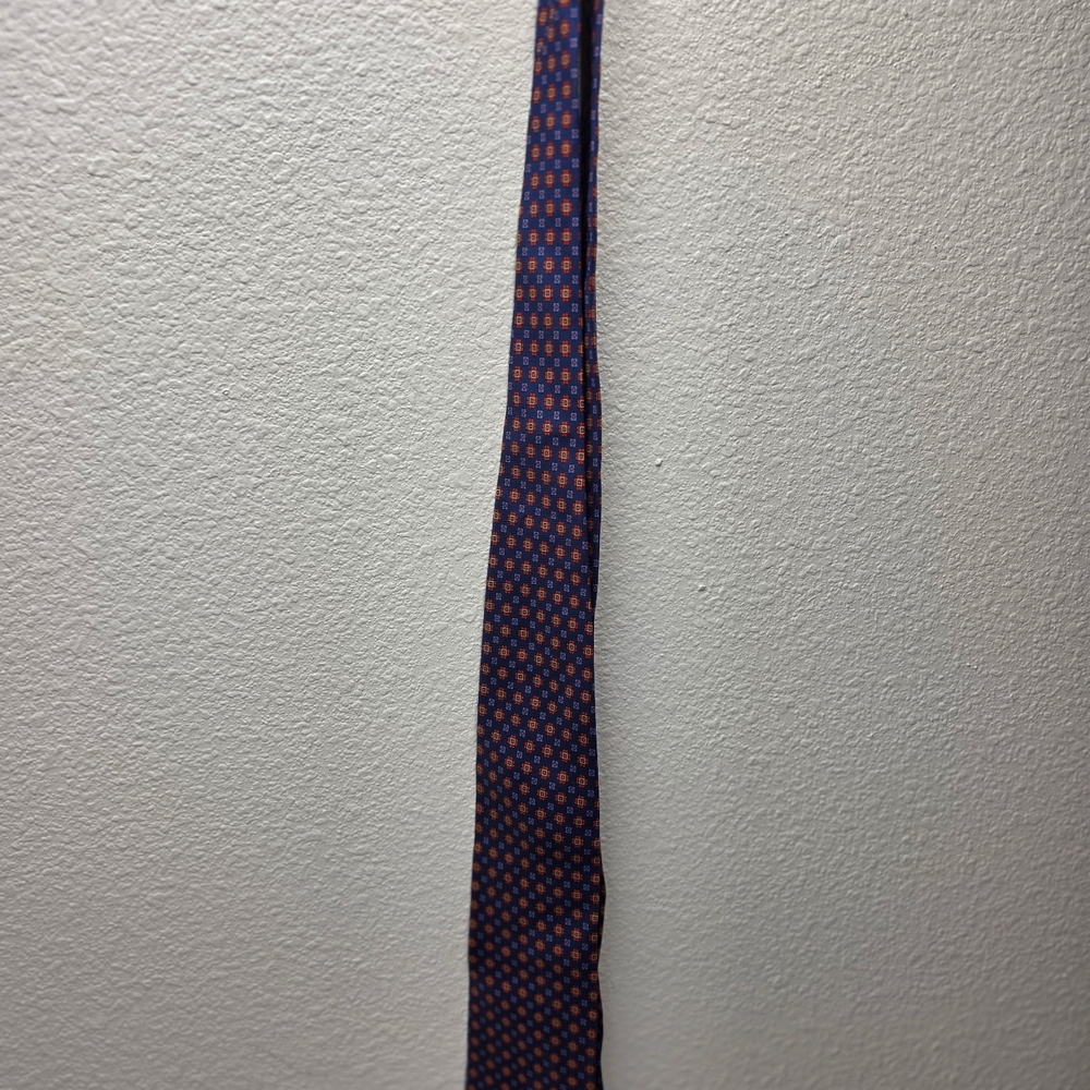 Men's Tiffany & Co Navy Blue and Orange Patterned Silk Tie